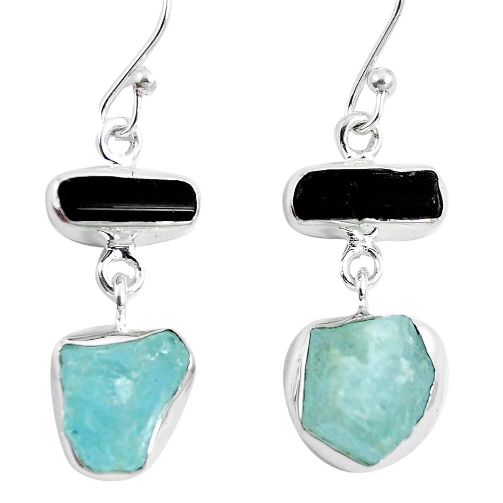 Natural aqua aquamarine rough 925 silver black tourmaline earrings m87054