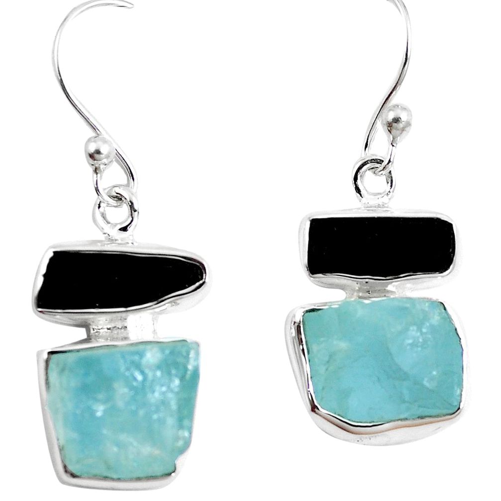 Natural aqua aquamarine rough 925 silver black tourmaline earrings m87058