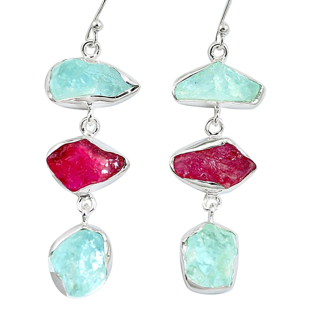 Natural pink ruby rough aquamarine rough 925 silver dangle earrings m87081