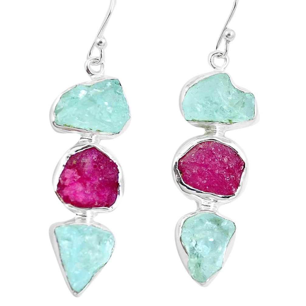 Natural pink ruby rough aquamarine rough 925 silver dangle earrings m87082