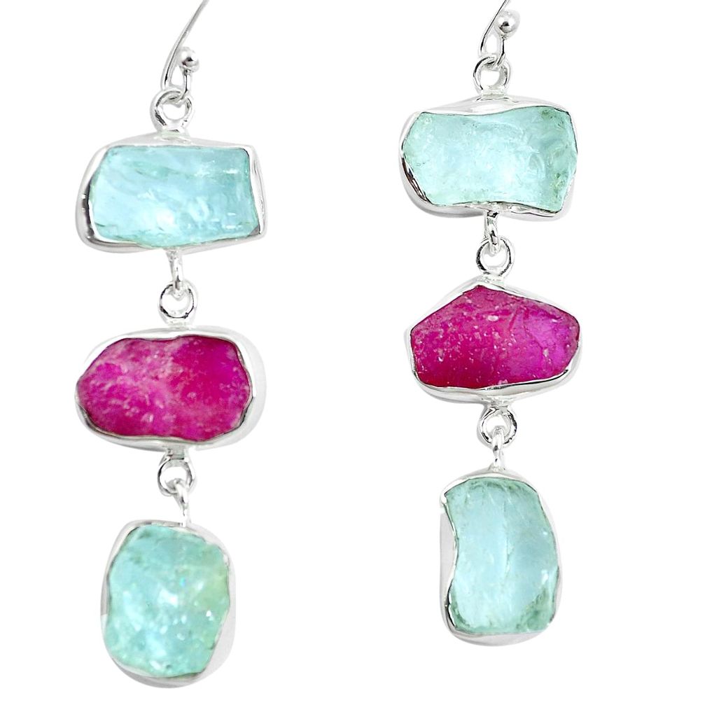 Natural pink ruby rough aquamarine rough 925 silver dangle earrings m87084
