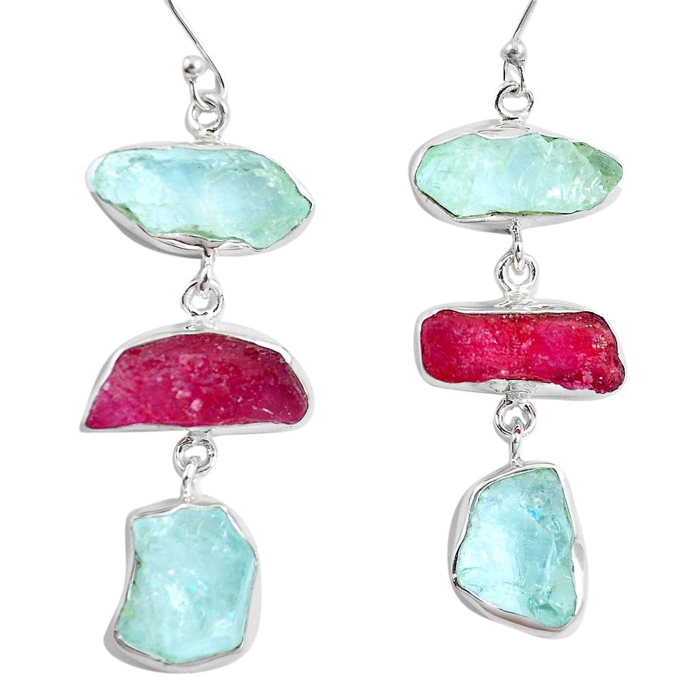 925 silver natural pink ruby rough aquamarine rough dangle earrings m87085