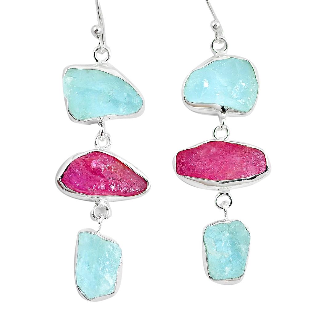 Natural pink ruby rough aquamarine rough 925 silver dangle earrings m87086