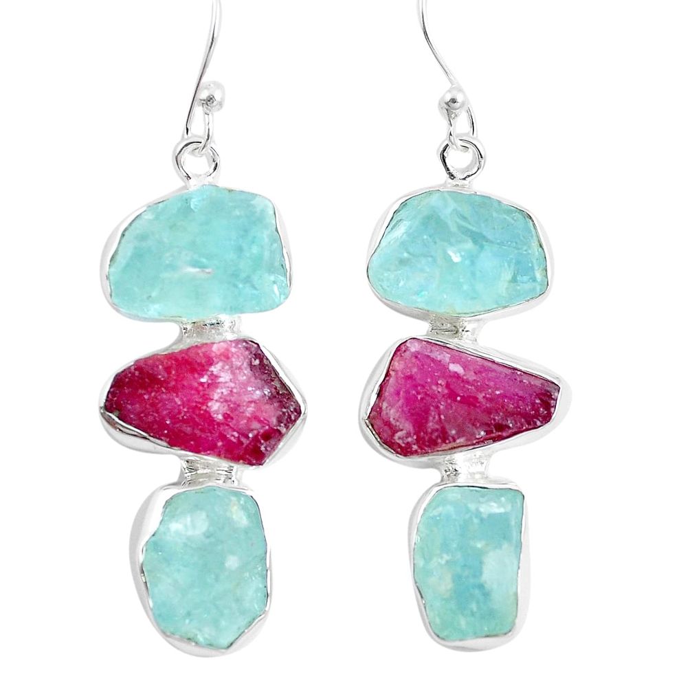 Natural pink ruby rough aquamarine rough 925 silver dangle earrings m87089