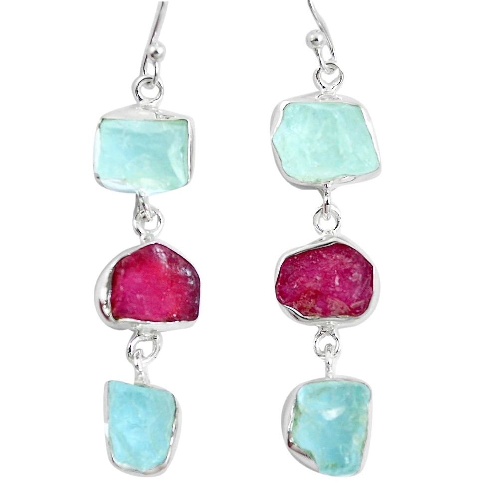 Natural pink ruby rough aquamarine rough 925 silver dangle earrings m87090