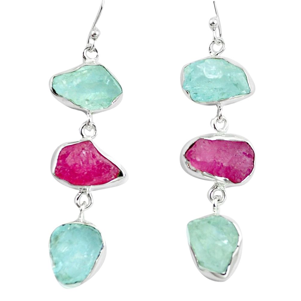 Natural pink ruby rough aquamarine rough 925 silver dangle earrings m87091