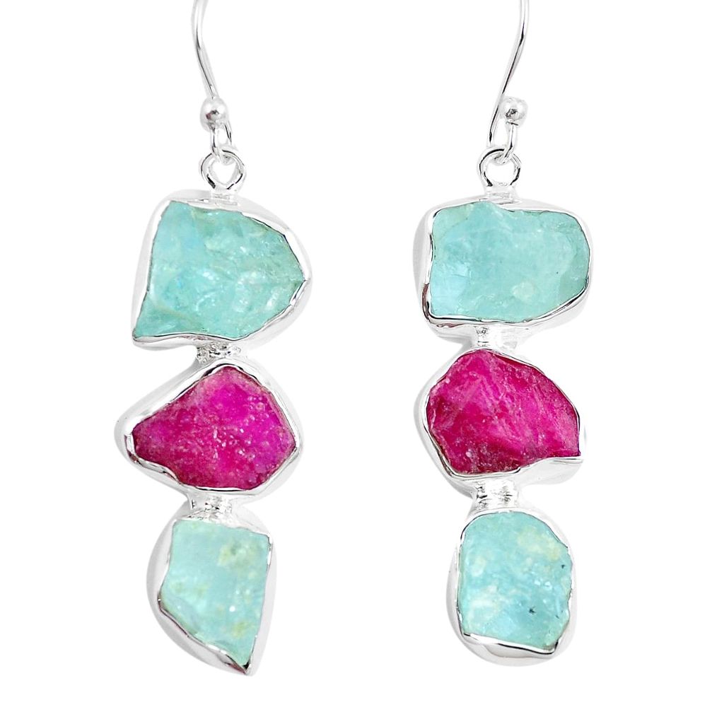 925 silver natural pink ruby rough aquamarine rough dangle earrings m87092