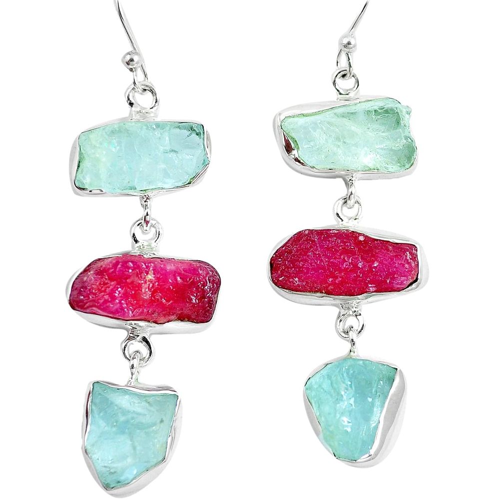 Natural pink ruby rough aquamarine rough 925 silver dangle earrings m87093