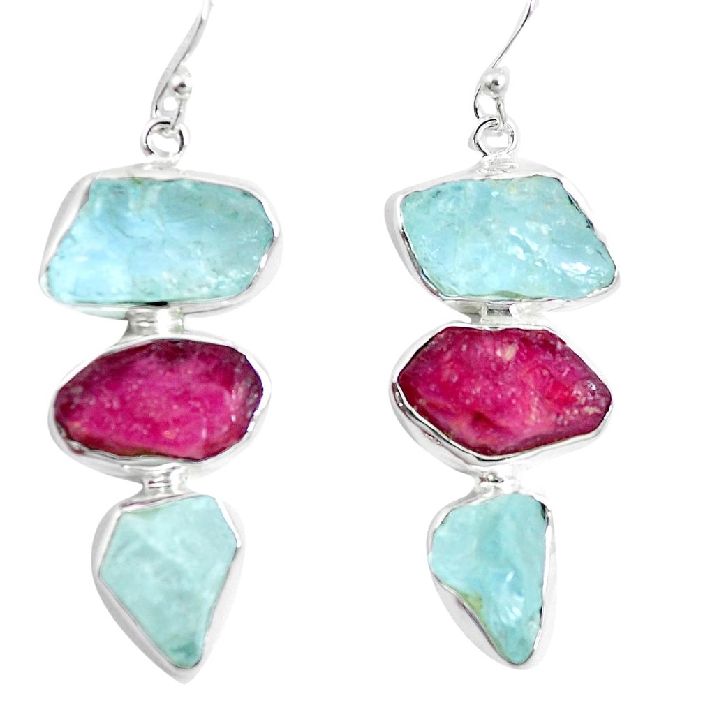 Natural pink ruby rough aquamarine rough 925 silver dangle earrings m87096