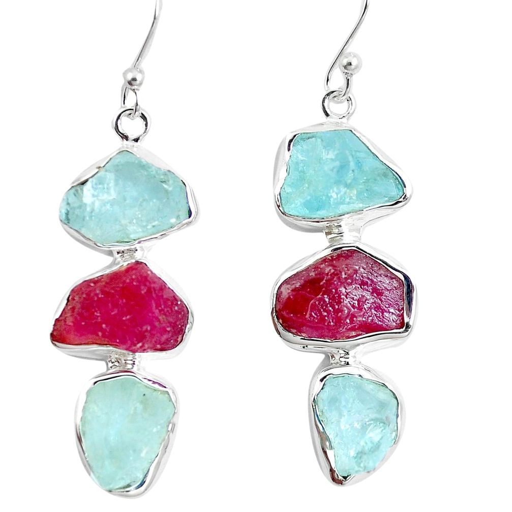 925 silver natural pink ruby rough aquamarine rough dangle earrings m87098