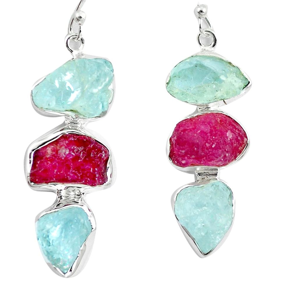 Natural pink ruby rough aquamarine rough 925 silver dangle earrings m87099