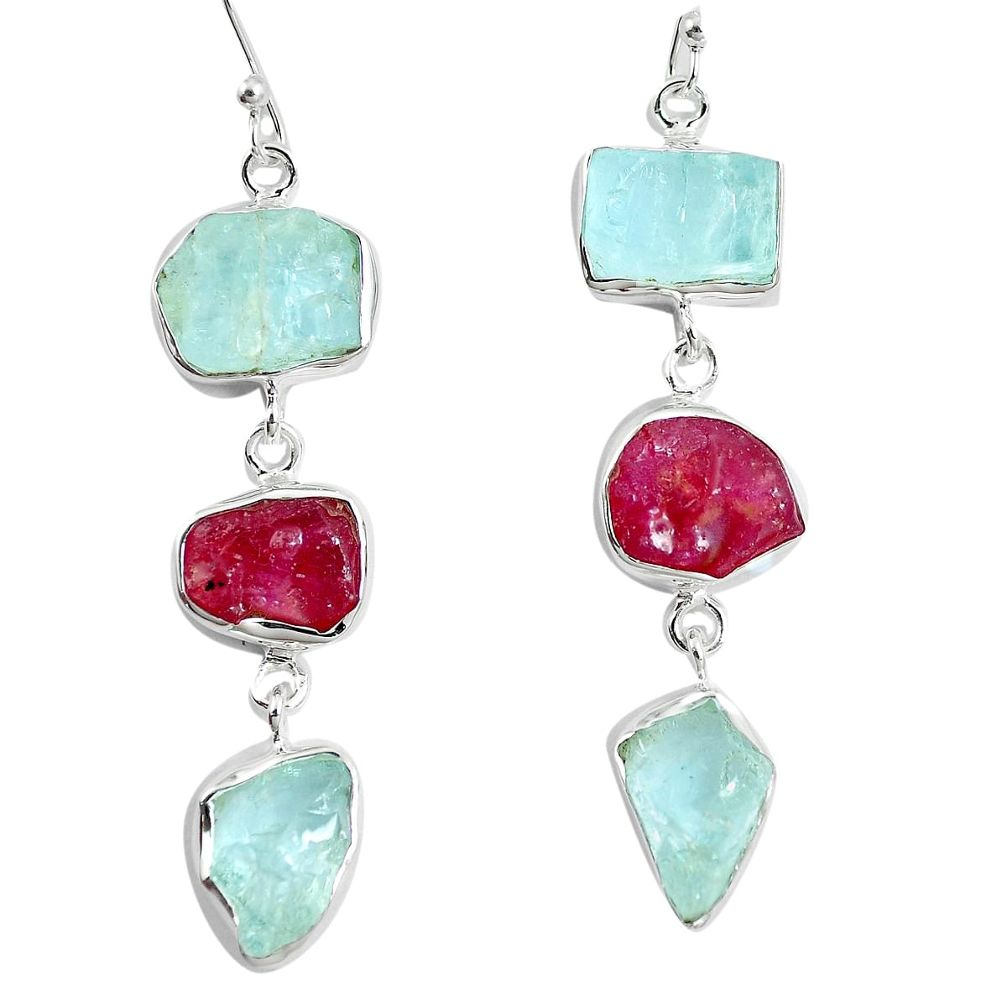 Natural pink ruby rough aquamarine rough 925 silver dangle earrings m87100