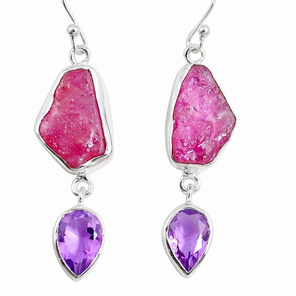 Natural pink ruby rough amethyst 925 silver dangle earrings m87101