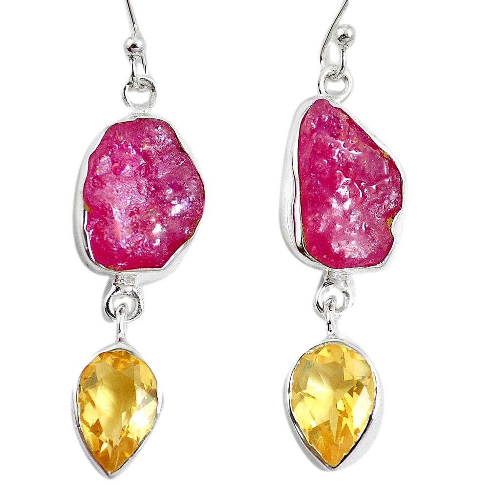 Natural pink ruby rough citrine 925 silver dangle earrings m87102