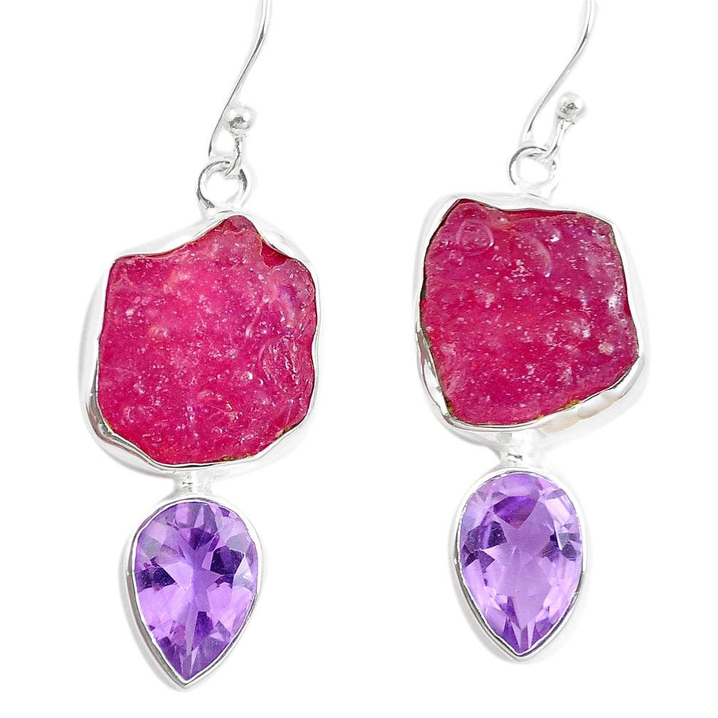 Natural pink ruby rough amethyst 925 silver dangle earrings m87103