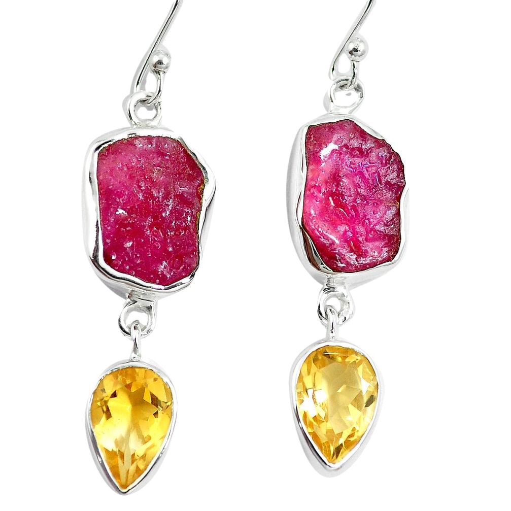 Natural pink ruby rough citrine 925 silver dangle earrings jewelry m87107