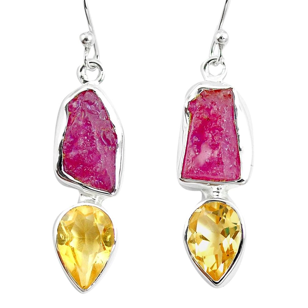 Natural pink ruby rough citrine 925 silver dangle earrings jewelry m87109