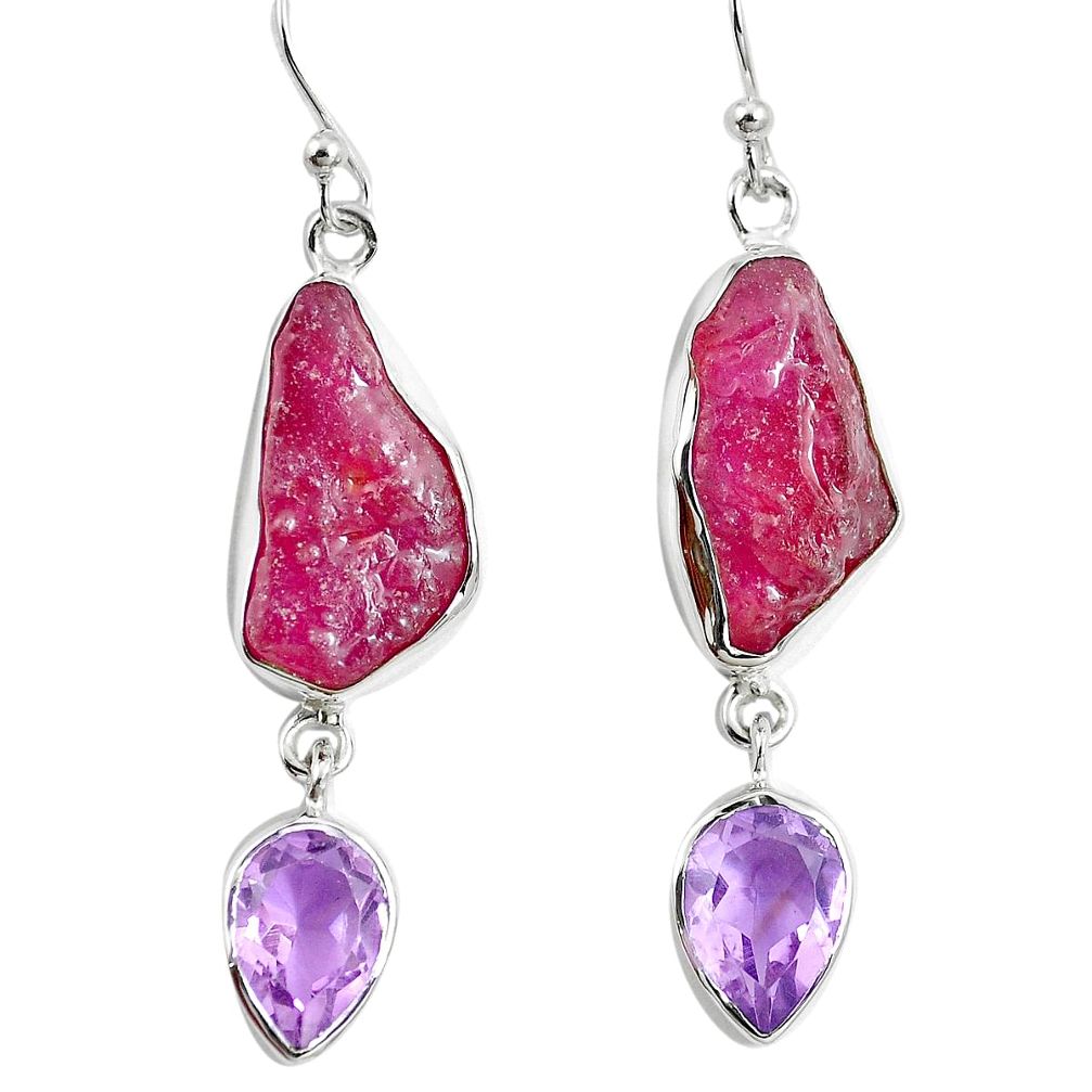Natural pink ruby rough amethyst 925 silver dangle earrings jewelry m87117