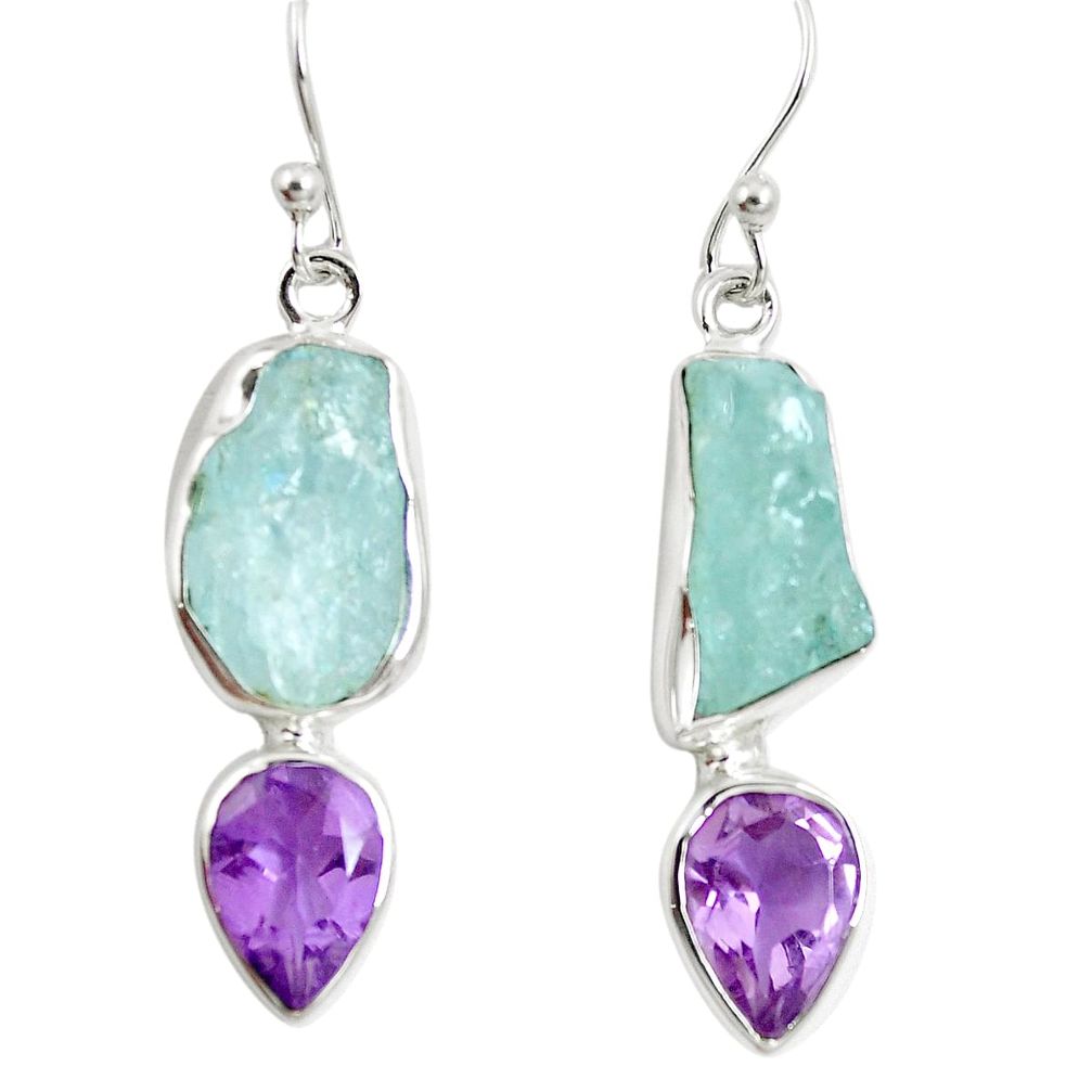 Natural aqua aquamarine rough amethyst 925 silver dangle earrings m87126