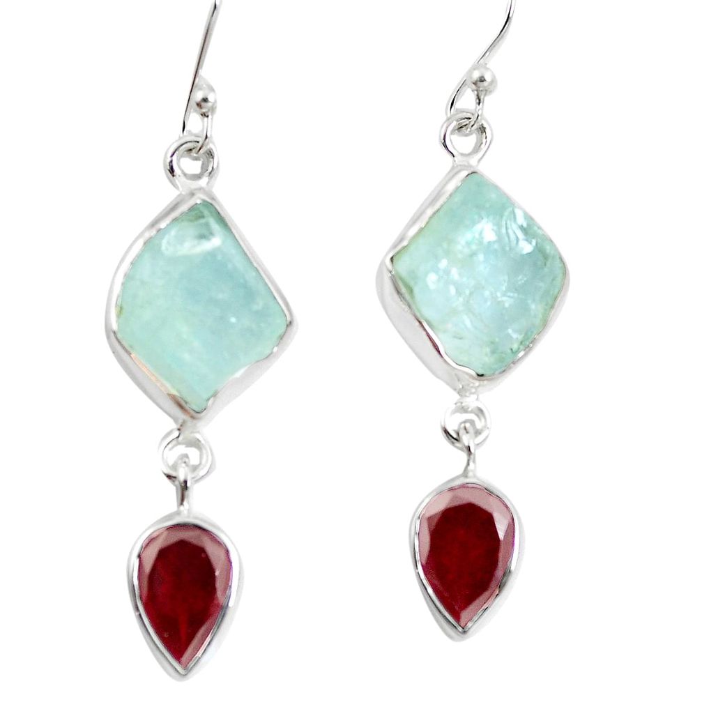 925 silver natural aqua aquamarine rough red garnet dangle earrings m87131