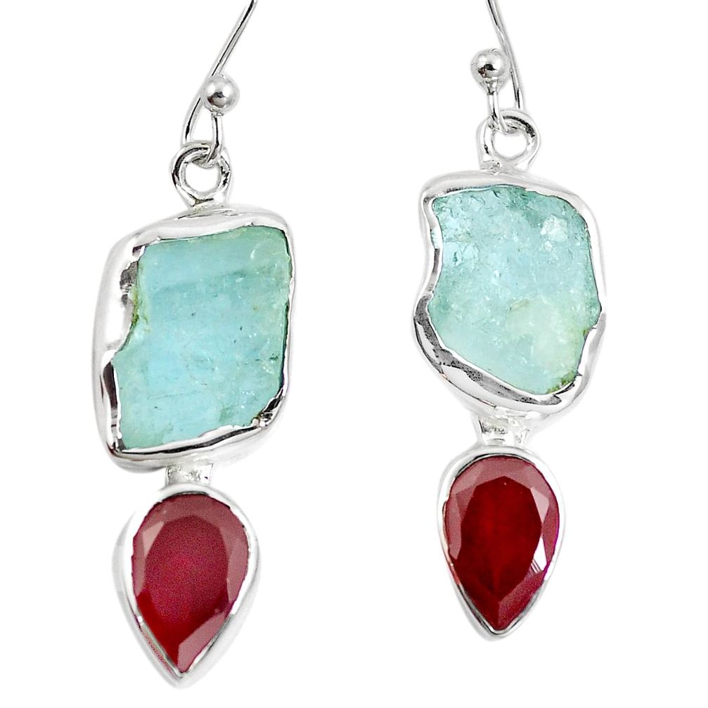 Natural aqua aquamarine rough red garnet 925 silver dangle earrings m87140