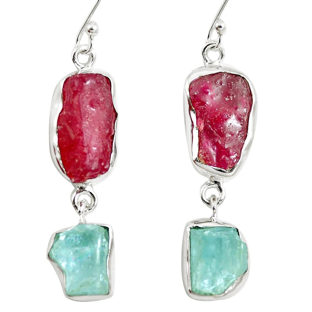 Natural pink ruby rough aquamarine rough 925 silver dangle earrings m87146