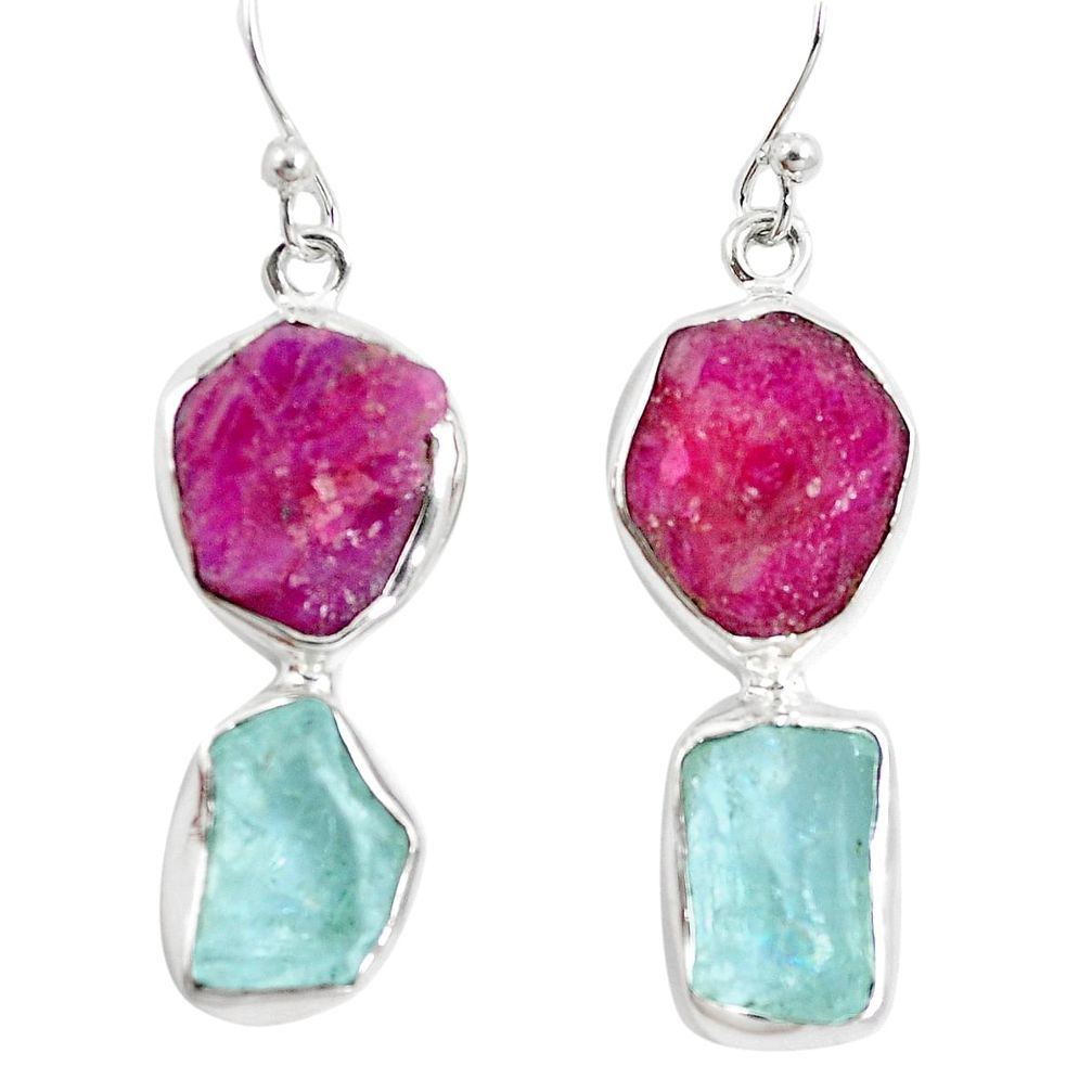 Natural pink ruby rough aquamarine rough 925 silver dangle earrings m87152