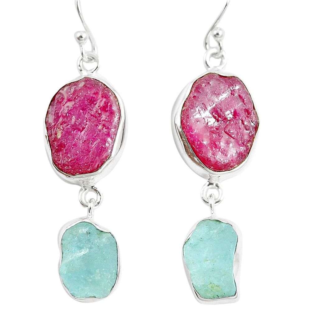 Natural pink ruby rough aquamarine rough 925 silver dangle earrings m87156