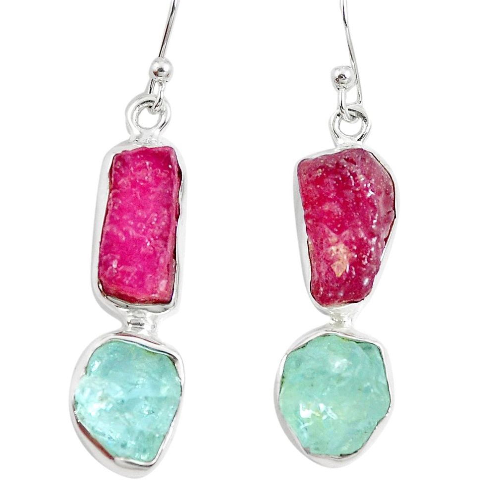 925 silver natural pink ruby rough aquamarine rough dangle earrings m87158