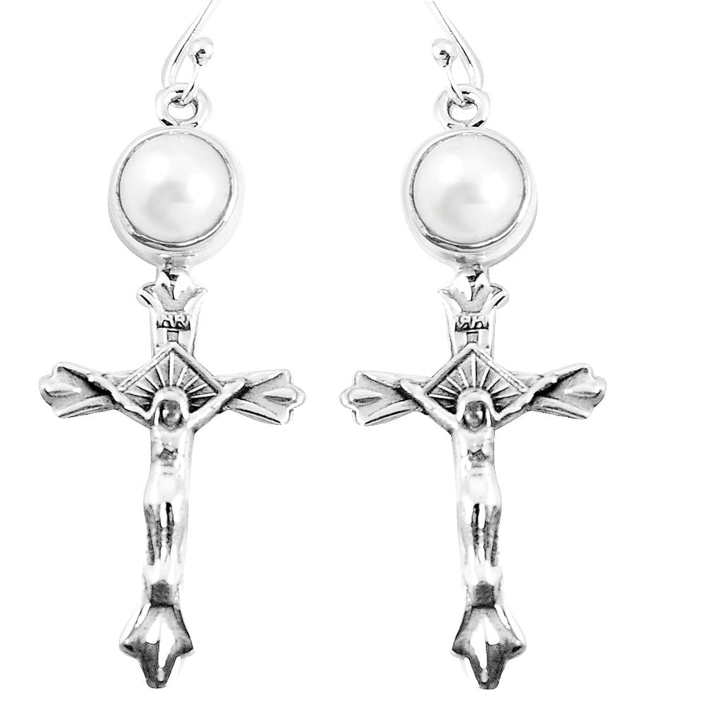 2.35cts natural white pearl round 925 sterling silver holy cross earrings m88913