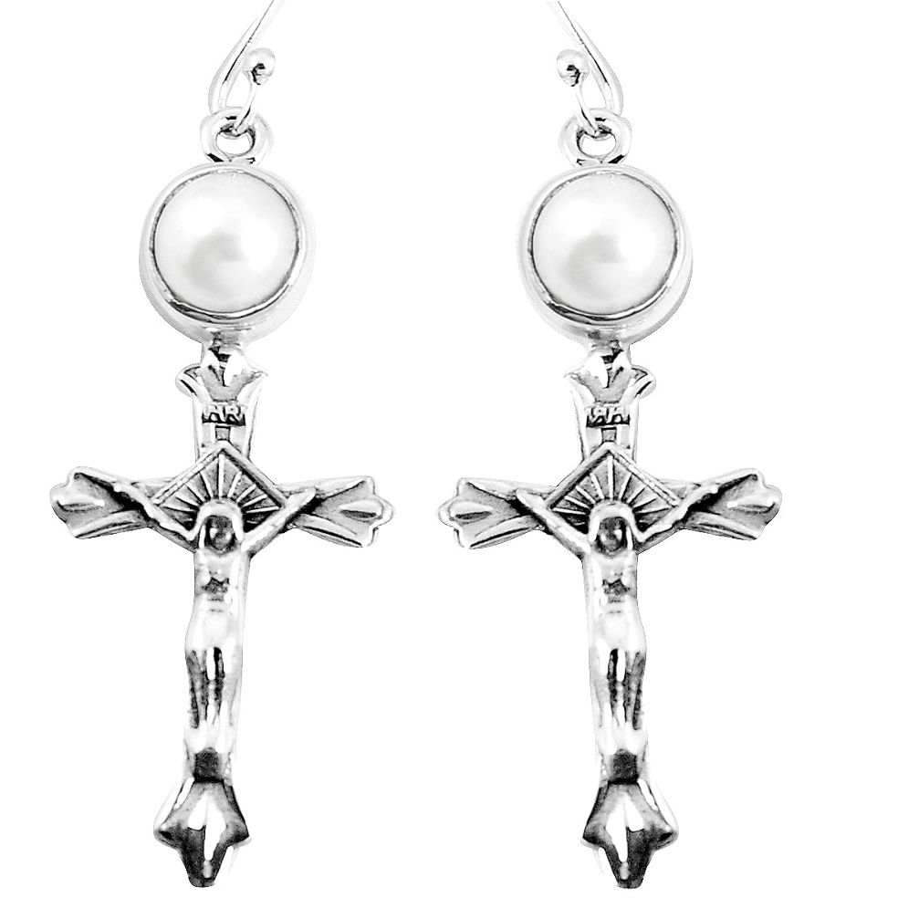 925 sterling silver 2.24cts natural white pearl round holy cross earrings m88914