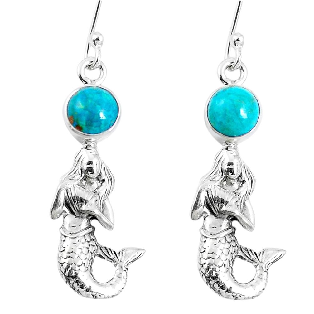 7.02cts natural blue chrysocolla 925 silver fairy mermaid earrings m88922