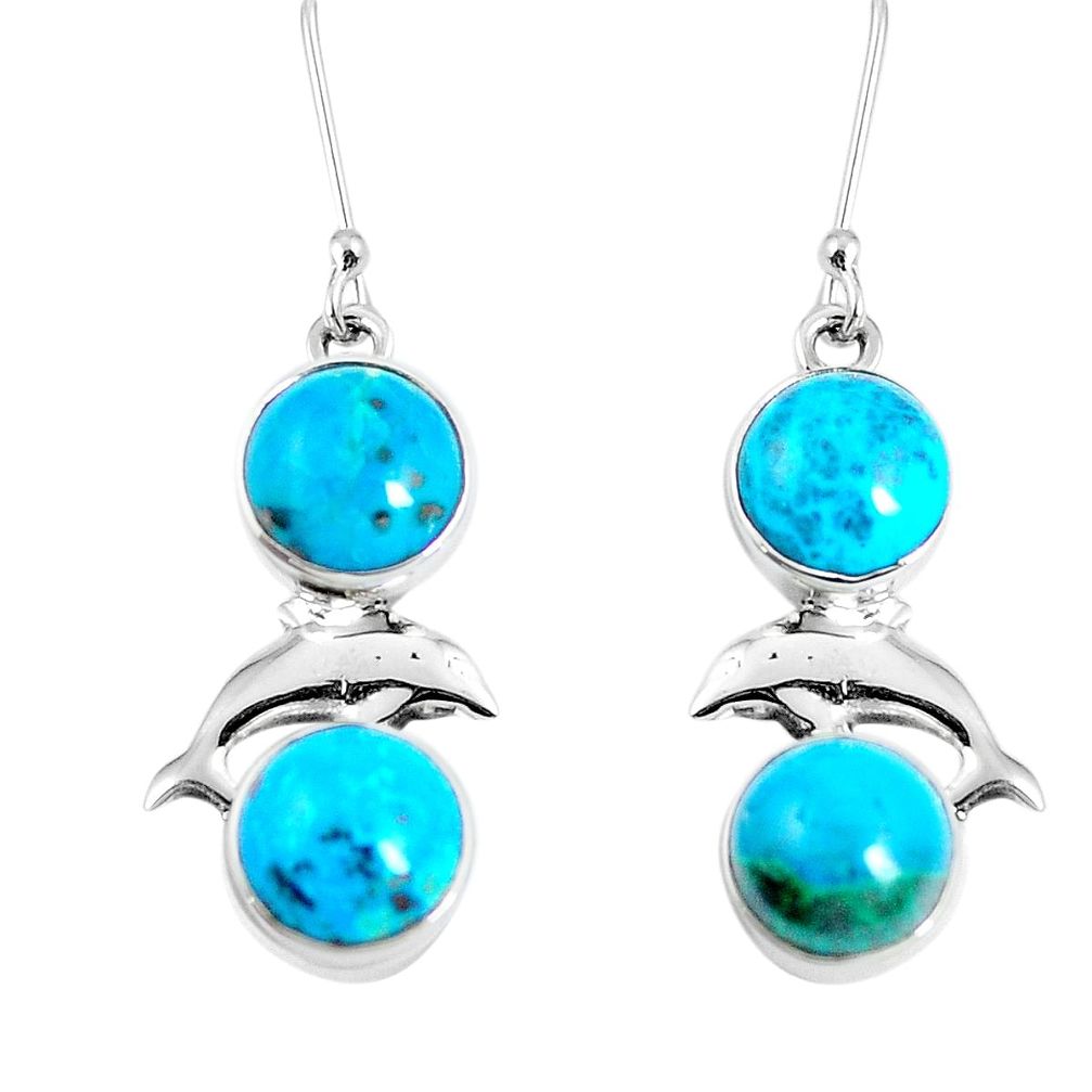 11.66cts natural blue chrysocolla 925 sterling silver dolphin earrings m88923