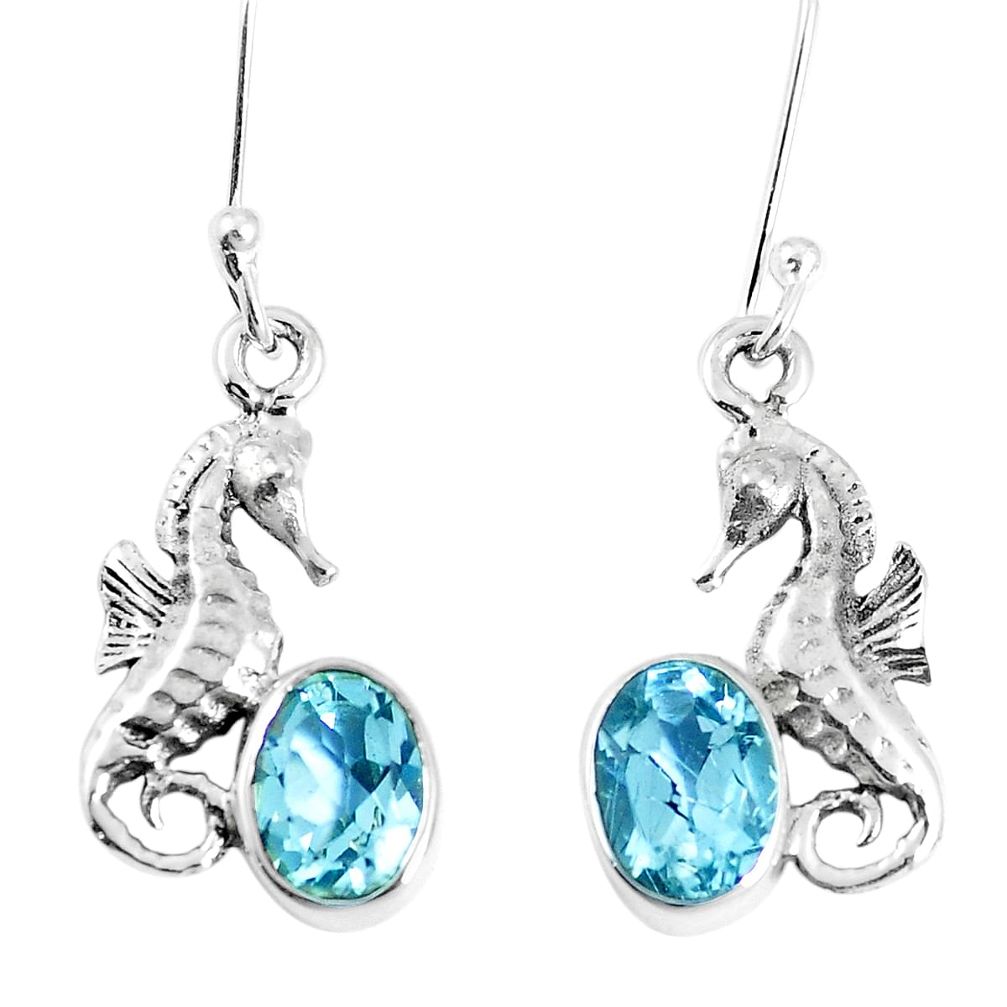 925 sterling silver 4.70cts natural blue topaz dangle seahorse earrings m88965