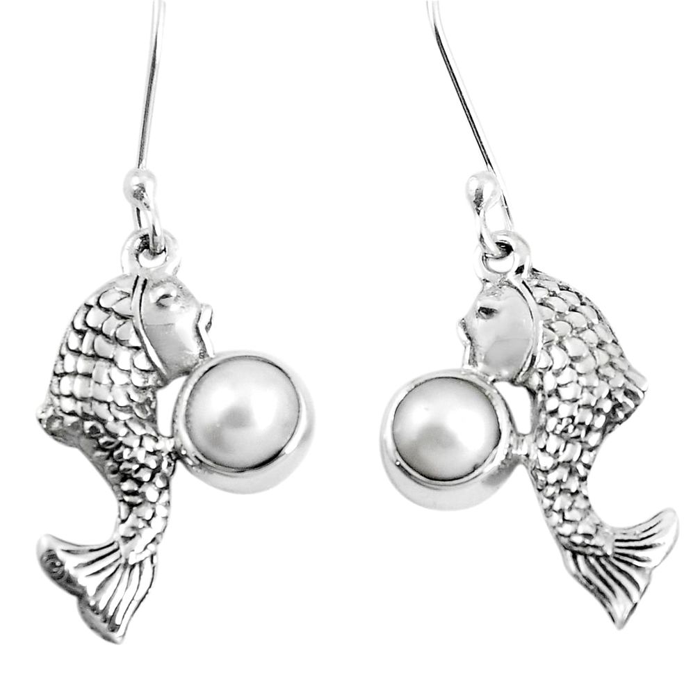 925 sterling silver 2.55cts natural white pearl round fish earrings m88970