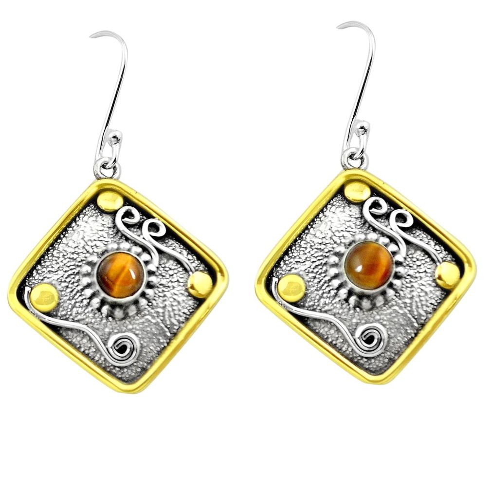 1.87cts natural brown tiger's eye 925 silver two tone dangle earrings m92271