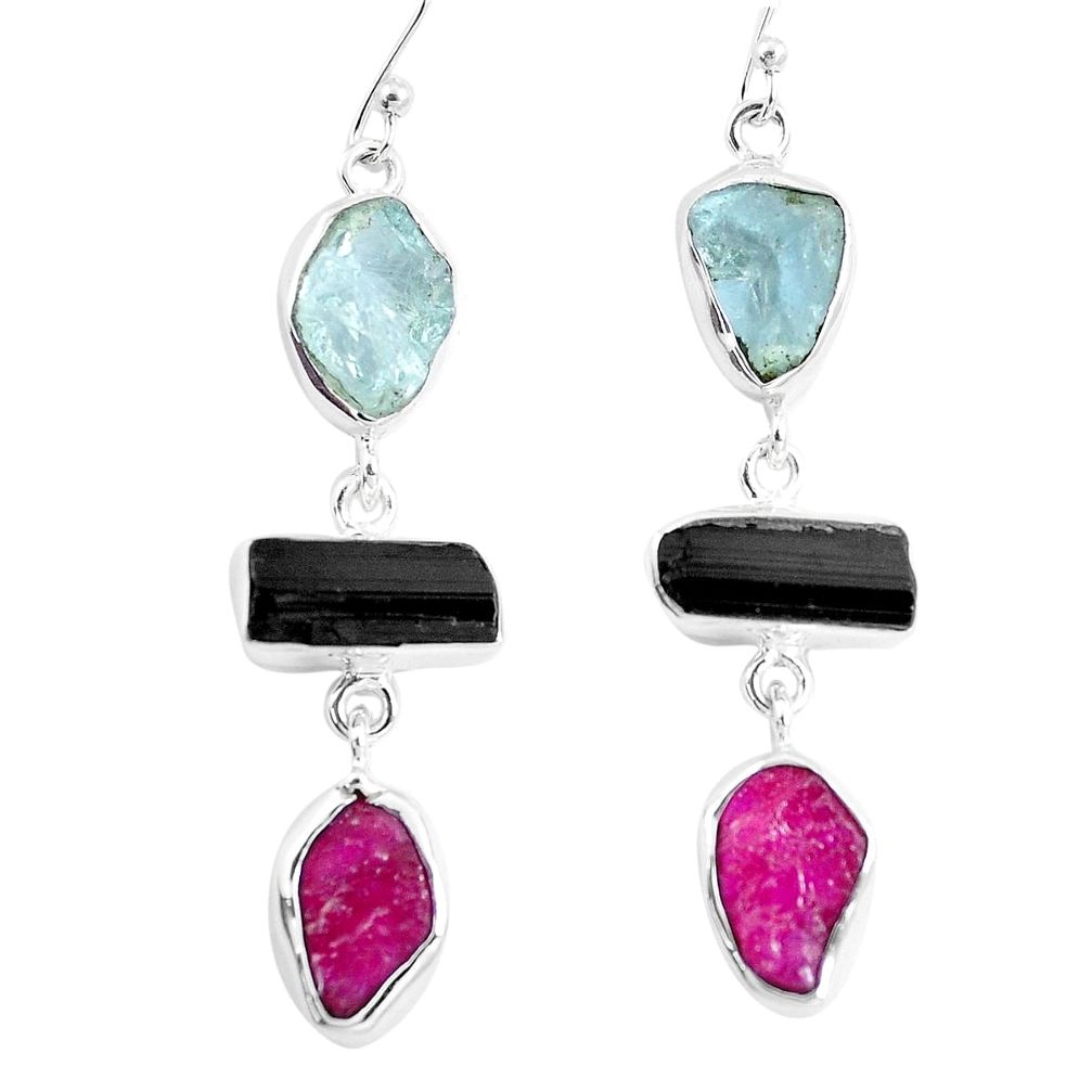 22.59cts natural tourmaline ruby aquamarine rough silver dangle earrings m92326