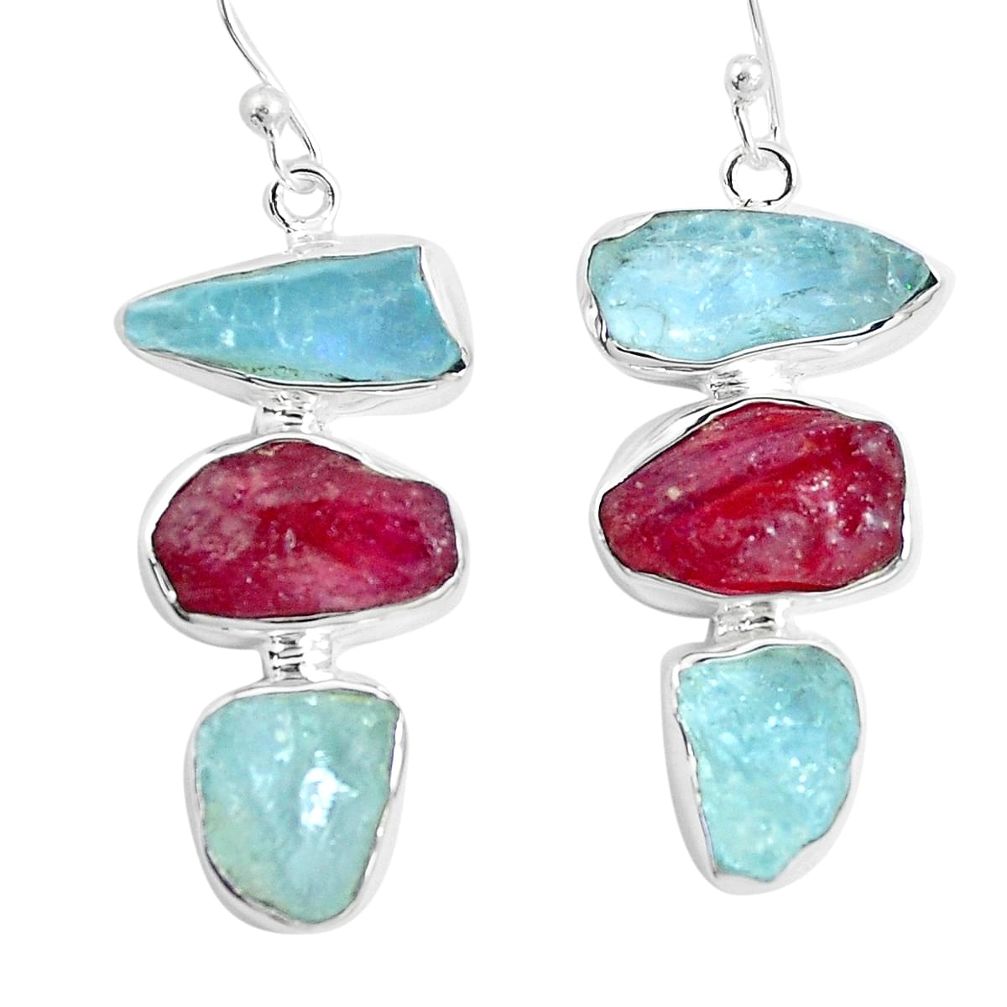 925 silver 26.65cts ruby aquamarine rough earrings m92328