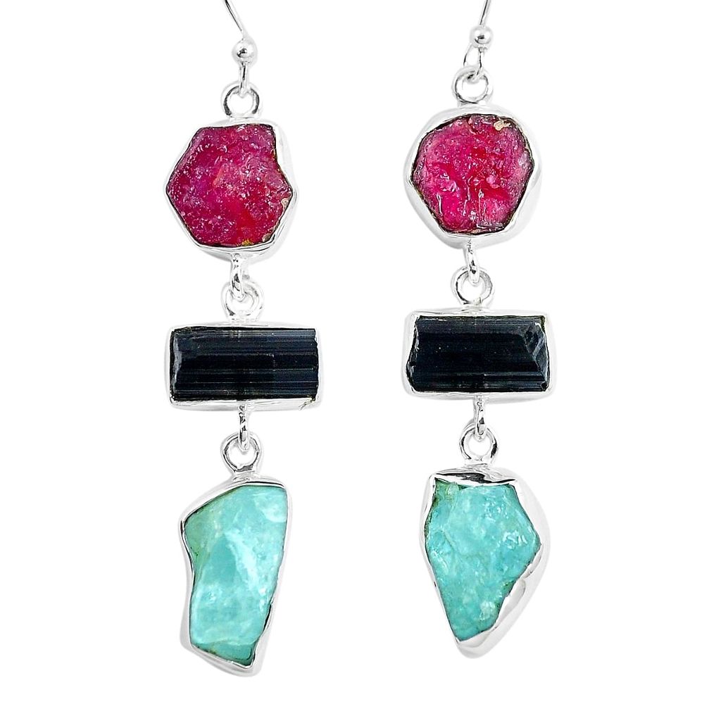 Tourmaline ruby aquamarine rough 925 silver dangle earrings m92335