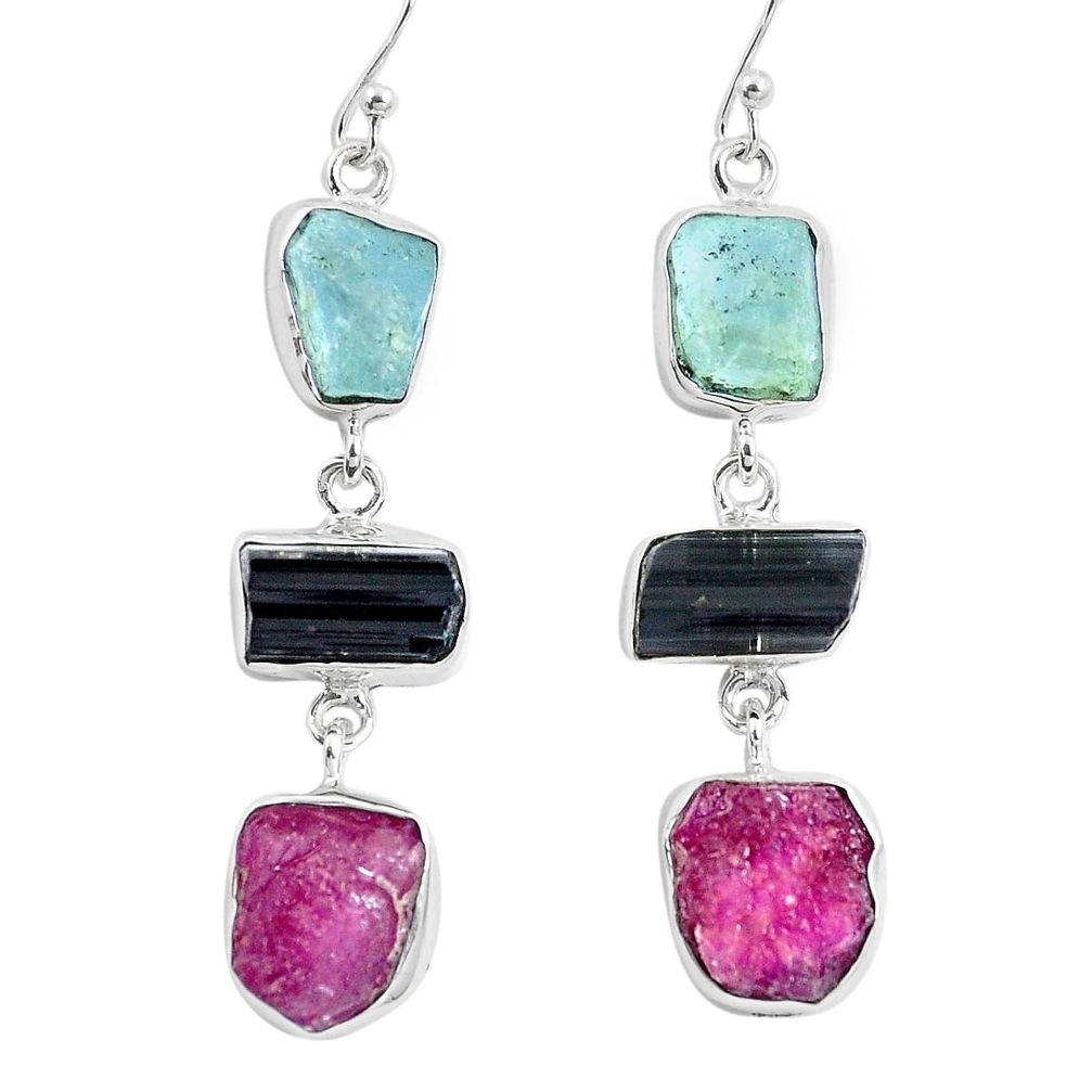 Tourmaline ruby aquamarine rough 925 silver dangle earrings m92336