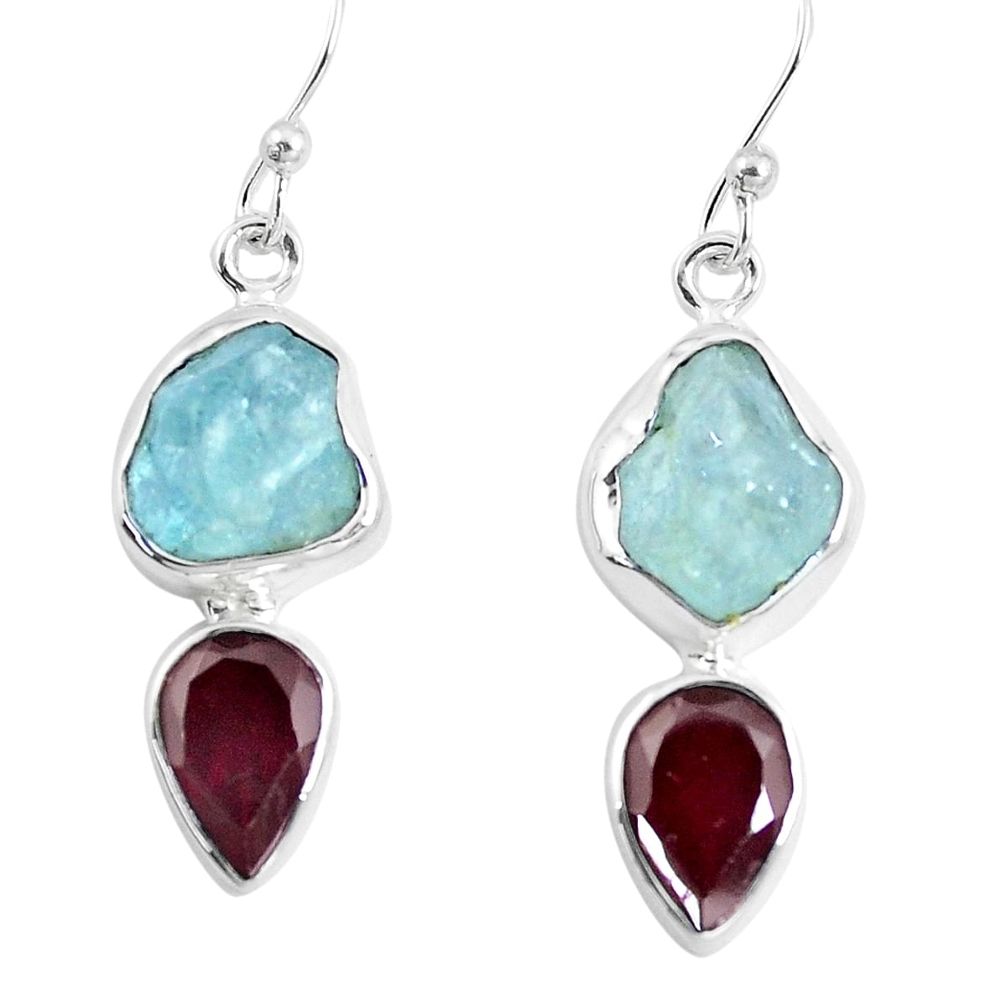 12.06cts natural aqua aquamarine rough red grarnet 925 silver earrings m92341