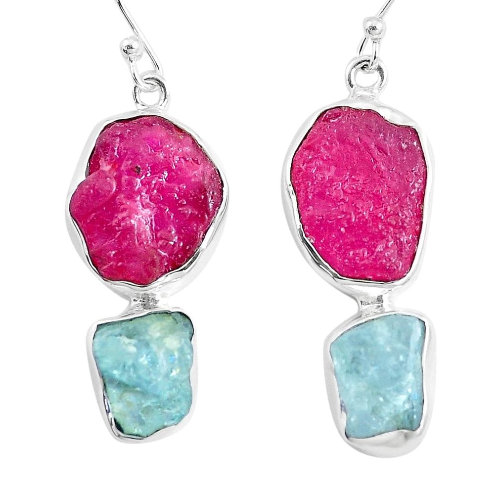 21.72cts natural pink ruby rough aqua aquamarine rough silver earrings m92342