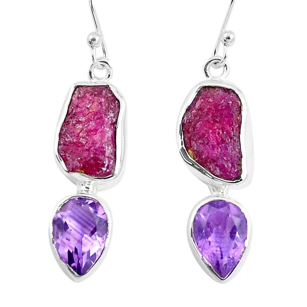 13.24cts natural pink ruby rough amethyst 925 silver dangle earrings m92343
