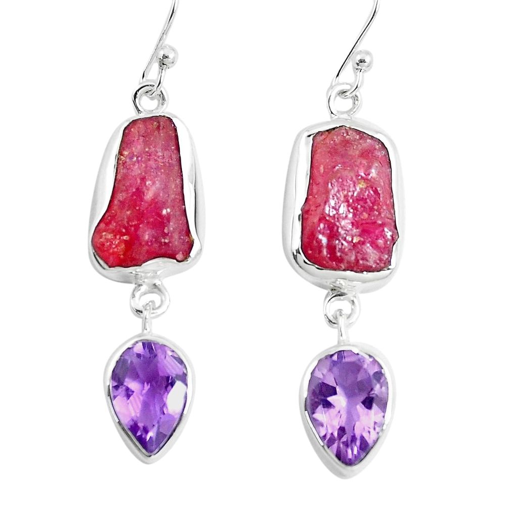 15.47cts natural pink ruby rough purple amethyst 925 silver earrings m92345