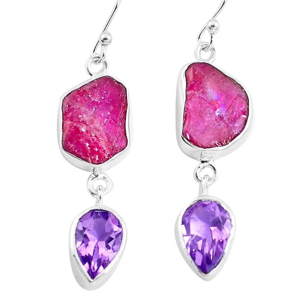 13.77cts natural pink ruby rough purple amethyst 925 silver earrings m92346