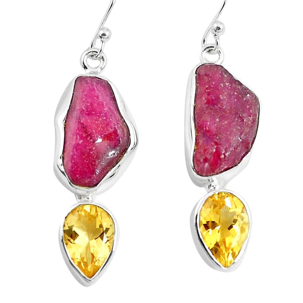 18.94cts natural pink ruby rough yellow citrine silver dangle earrings m92348
