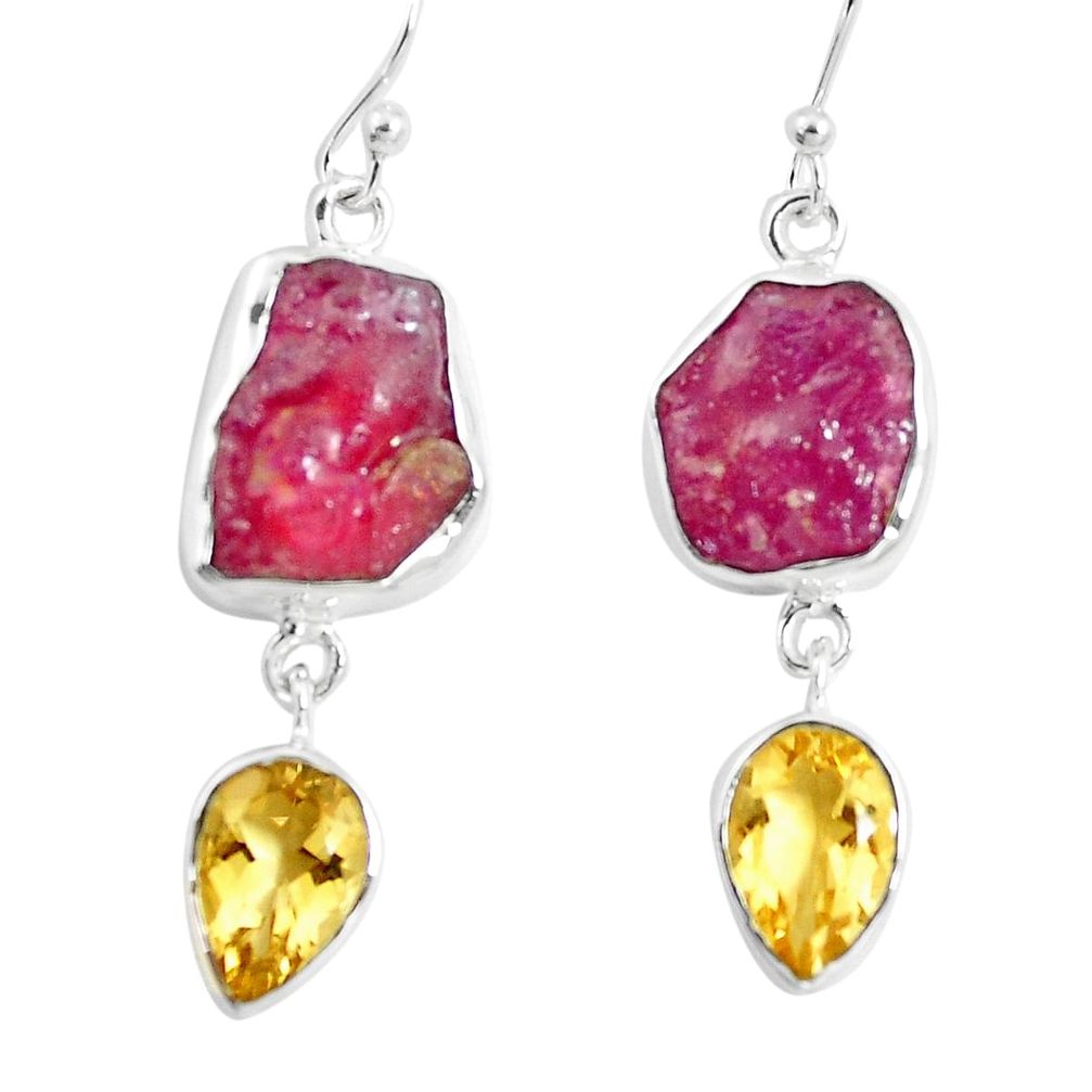 16.63cts natural pink ruby rough yellow citrine 925 silver earrings m92352