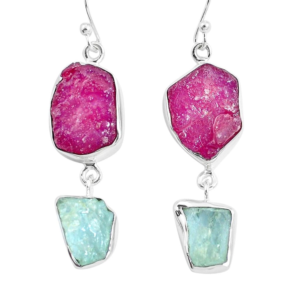 24.00cts natural aqua aquamarine rough pink ruby rough silver earrings m92357