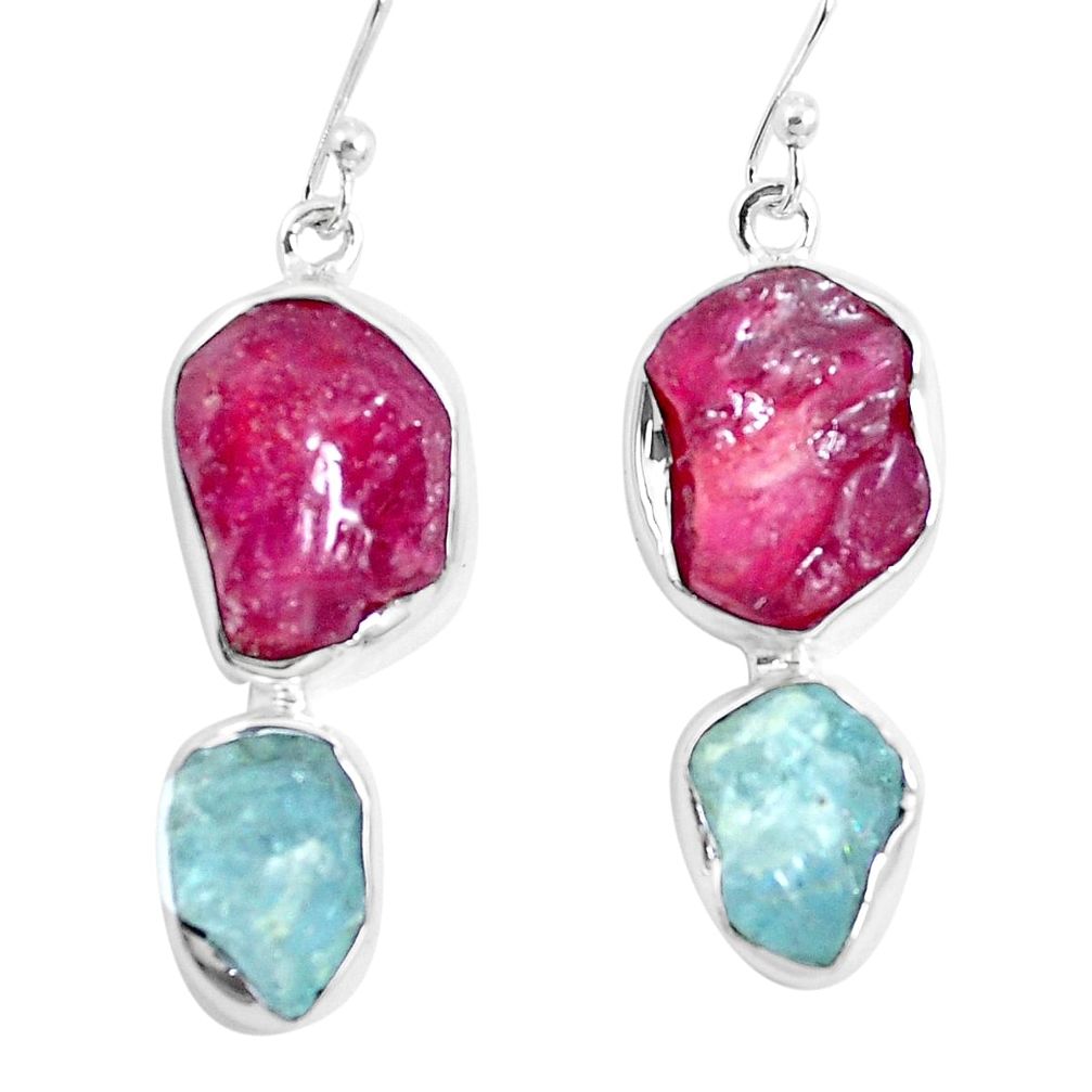 24.00cts natural red ruby rough aquamarine rough 925 silver earrings m92360