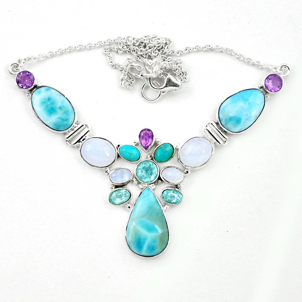 Natural blue larimar moonstone amethyst blue topaz 925 silver necklace m25434